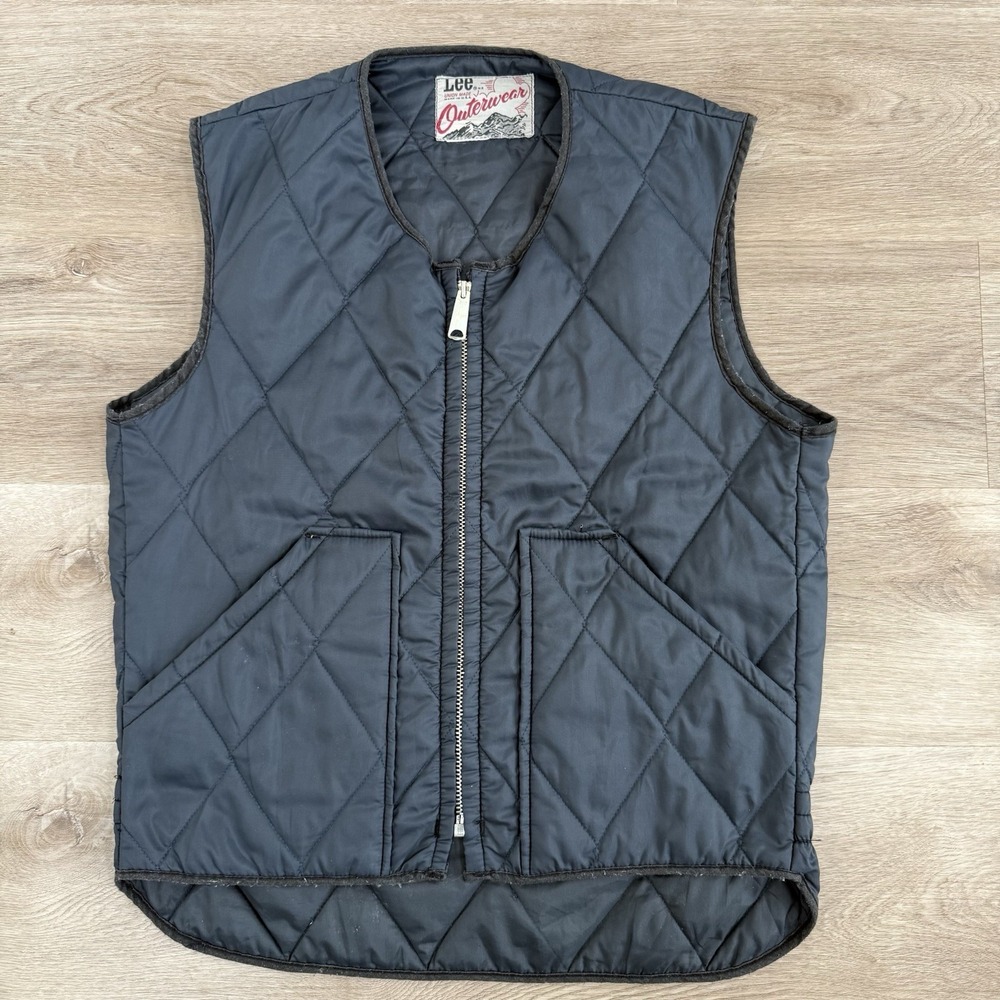 Vintage 70s Lee Outerwear Quilted Vest Dark Blue Talon Zipper Size M Made In USA